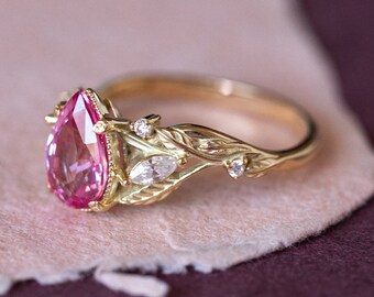 READY TO SHIP, Sizes 6-8Us, Pink Spinel Engagement ring with Marquise Diamond Leaves, Nature inspired Ring for Elven engagement