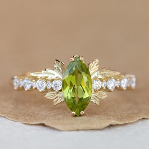 Marquise Cut Peridot Gold Engagement Ring, Diamond Band with Gold Leaves, Nature Inspired Unique Fantasy Proposal Ring in 14K 18K Gold