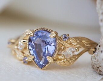 READY TO SHIP, Sizes 6-8Us, Purple Sapphire Engagement Ring with accents Moonstones and Tanzanites, Nature Inspired Gold Leaves Ring