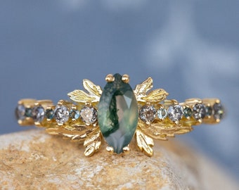 Moss Agate Engagement Ring with accents Salt&Pepper Diamonds and Sapphires, Nature Inspired Band with Gold Leaves, Unique Moss Agate Ring