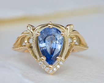 2 Carat Sapphire Engagement Ring - Vintage Inspired Gold Proposal Ring, Elven Fantasy Engagement, 14k or 18k  Gold, Baroque style Ring