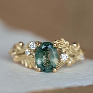 Moss Agate Engagement Ring, Dendritic Moss Agate Gold Ring with Oak Leaves and Diamonds, Forest Inspired Wedding, Rutile Moss Agate Ring