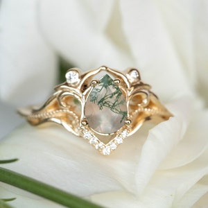 Elvish Engagement Ring Moss Agate Ring with Real Diamonds or Moissanites, Vintage inspired engagement 14k or 18K Gold, Fantasy Engagement image 1