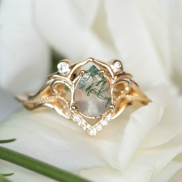 Elvish Engagement Ring - Moss Agate Ring with Real Diamonds or Moissanites, Vintage inspired engagement 14k or 18K Gold, Fantasy Engagement