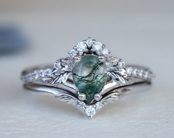 Rutile Moss Agate Engagement Ring Set, One of a Kind Gemstone Ring, Moss Agate and Diamonds Stacking Rings, Engagement and Wedding Ring Set