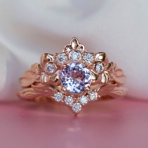 Tanzanite Engagement Ring Set, Fantasy Nature inspired Diamond Crown ring and Five Diamond Wedding Band, 14k or 18k Gold Bridal Ring Set