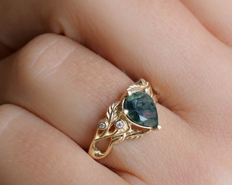 Branch Engagement Ring, Green Moss Agate ring with Leaves and Tiny Diamonds, Nature inspired Pear Engagement ring for Bride, 14k or 18k Gold