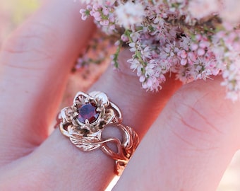 Rose gold flower engagement ring, unique ring for woman, garnet engagement ring, art nouveau ring, floral jewelry, jewelry gift, lotus ring