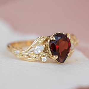 Natural Garnet Engagement ring with Marquise Diamond leaves, Nature inspired Red Gemstone Ring for Elven engagement, 14k or 18k Gold