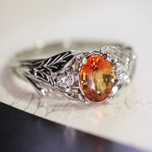Orange sapphire and diamonds engagement ring, leaf engagement ring, white gold ring, leaves ring, sapphire ring, nature ring, Christmas gift