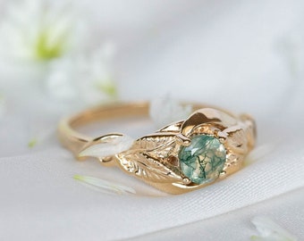 Nature inspired Moss Agate Engagement Ring, Dendritic Agate Ring, Delicate Gold Leaves Ring in 14k or 18K Gold, Ethical engagement ring