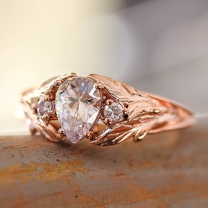 Moissanite engagement ring, pear cut diamond ring, leaves engagement ring, gold ring for woman, teardrop ring, fake diamond ring, nature