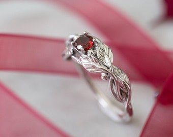 Garnet engagement ring, white gold leaves ring, nature wedding ring, unique engagement, leaf ring, branch ring, Christmas gift for her