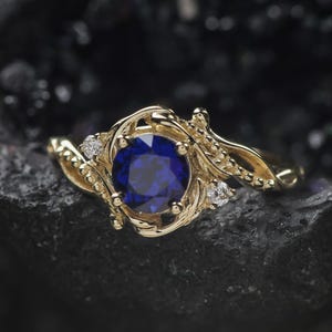 Fantasy Engagement Ring, Nature inspired Dark Blue Lab Sapphire ring Round cut, 1 Ct Bypass Sapphire Ring with Tiny Diamonds 14K or 18K Gold