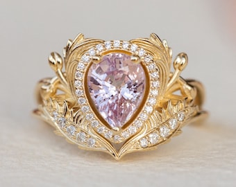 Genuine Pink Sapphire Engagement ring with Diamond Halo, Nature Inspired Ring, Gold Leaves Ring, Fantasy Engagement Ring, 14K 18K Gold