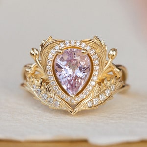 Genuine Pink Sapphire Engagement ring with Diamond Halo, Nature Inspired Ring, Gold Leaves Ring, Fantasy Engagement Ring, 14K 18K Gold image 1