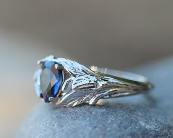 Pear cut sapphire engagement ring, white gold leaves ring, leaf and branch ring for woman, unique engagement ring, synthetic sapphire ring