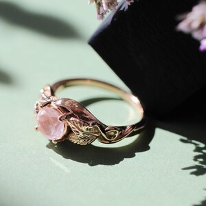 Rose quartz engagement ring, solid gold ring, leaves ring, ring for woman, unique ring, rose gold wedding band, romantic ring, nature ring image 2