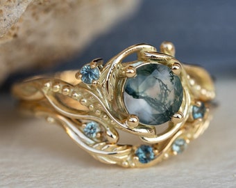 Unique Moss Agate Engagement Ring Set with Teal Sapphires
