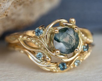 1 carat Moss Agate Engagement Ring Set, Bridal Ring Set with teal Sapphire In Yellow Gold, Stacking Wedding Rings, Elvish Ring Set