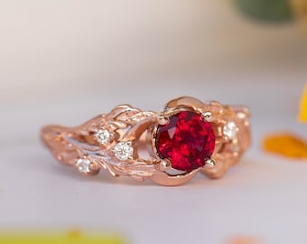 Lab Ruby Rose Gold Engagement ring, Gold Twig Leaf Ring, Nature inspired gold Leaves ring with Diamonds, Leaf engagement Botanical ring