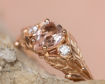 READY TO SHIP, Sizes 4.5-6.5Us, Morganite and Diamonds Engagement Ring, Nature Inspired Gold Ring, Alternative Wedding, Anniversary Gift