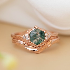 Moosachat Verlobungsring mit Zweig Hochzeit Band, Natur inspirierte Brautring mit Diamanten, Elfen Trauringe, Stapel Goldringe