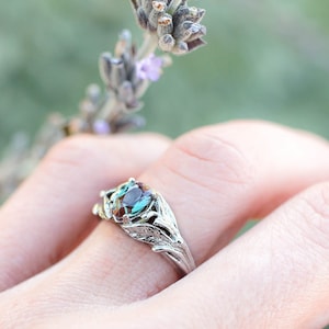 Alexandrite engagement ring, white gold leaves ring, leaf and branch ring for woman, unique engagement ring, lab alexandrite, nature ring