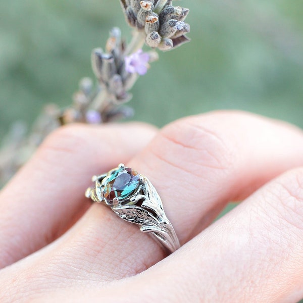 Alexandrite engagement ring, white gold leaves ring, leaf and branch ring for woman, unique engagement ring, lab alexandrite, nature ring