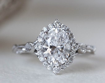 Lab Grown Diamond Halo Nature Inspired Engagement Ring - Diamond Halo Ring, White Gold Anniversary Ring for Women, 14K 18K Gold