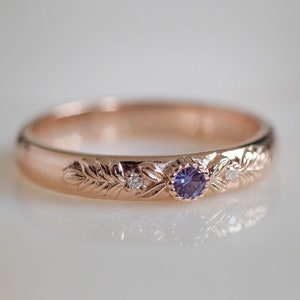 Alexandrite wedding ring, leaves wedding band, wreath ring, unusual wedding, nature wedding band, color changing gemstone ring, ethical ring image 1