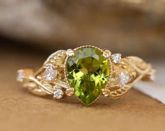 Peridot Engagement Ring with Marquise Diamonds Leaves, Gold Nature inspired Vines and Leaves Ring for Bride, Gift for Her, Anniversary Gift