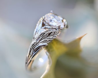 Moissanite engagement ring, white gold ring, leaves ring for women, pear cut diamond, unique leaf ring, lab diamond