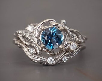 Nature lnspired Blue Topaz Engagement Ring Set, 0,85 ct London Blue Topaz Diamond Rings, White Gold Branch Rings, Unique Bridal Ring Set