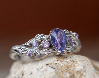 Magic Opalescent Purple Sapphire Engagement Ring Set, Branch Engagement Ring & Nature Inspired Elvish Twig Ring Two Ring Set in 14K 18K Gold