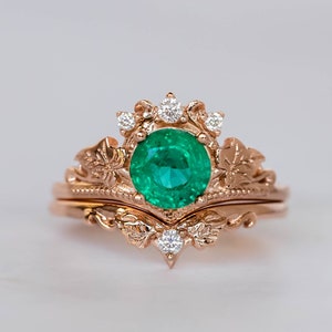 1 Carat Emerald Bridal Ring Set, Rose gold Ivy Leaves and Diamonds Engagement, Emerald Rings in 14K or 18K Gold, Fairy Bride Gold Rings image 1