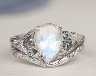 Big Pear Moonstone Bridal Ring Set, Engagement Ring Set with Accent Alexandrites, Fantasy Botanical Ring with Wedding Band, 14k or 18k Gold