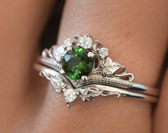 Green Tourmaline and Diamond Engagement Ring Set, Nature Inspired Bridal Set