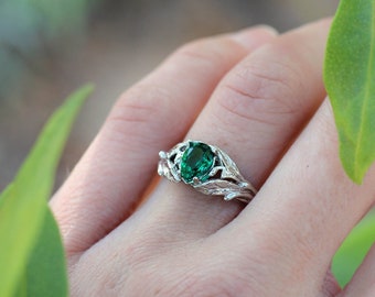 Pear shaped engagement ring, white gold emerald ring, leaves ring, nature engagement ring, lab emerald ring, unique wedding ring for women