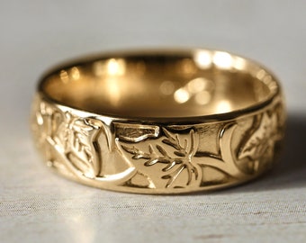 Leaves wedding band for man, gold men's wedding band, nature wedding ring for him, leaves ring, 14K yellow gold, leaf wedding ring, ivy ring