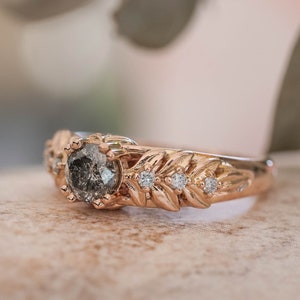 Nature inspired salt and pepper diamond ring, leaf engagement ring, gold leaves ring, forest engagement ring, grey diamond ring, elven ring