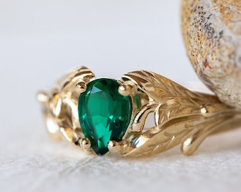 Emerald engagement ring, 14K yellow gold leaves ring, leaf ring for woman, unique engagement ring, synthetic emerald ring, teardrop ring