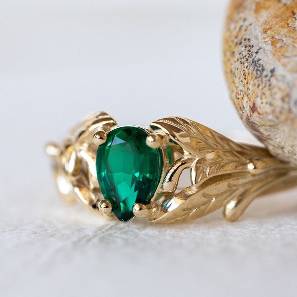 Emerald engagement ring, 14K yellow gold leaves ring, leaf ring for woman, unique engagement ring, synthetic emerald ring, teardrop ring