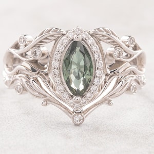 Art Nouveau Green Sapphire Marquise Engagement Ring Set with Leaf Design and Diamond Halo in White Gold, Unique Nature Inspired Bridal Set