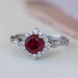 Lab Ruby Engagement Ring inspired by Nature, Red Gemstone Proposal Ring, Fairy Inspired Wedding Leafy Branch Band, 14k or 18K Solid Gold