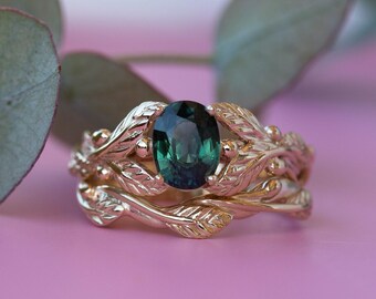 Genuine Dark Teal Sapphire Engagement Ring Set, Yellow gold bridal ring set, leaf engagement ring, nature wedding band, 14k or 18k Gold