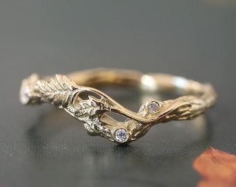 Alliance de brindille avec diamants, bague de branche d’or, bague de feuilles, bague de mariage nature, bague de feuille, bague de fiançailles en diamant, bague d’écorce