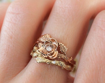 Rose Flower Diamond Bridal Ring Set, Solid Gold Twig Band