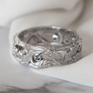 White Gold oak Leaves Teal sapphires and acorns ring, mens wedding band, gold branch ring, bark ring, woodland ring, nature inspired ring