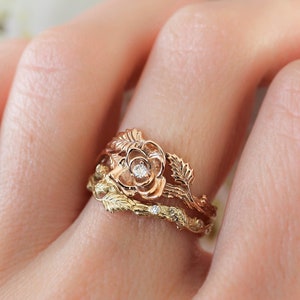 Rose flower engagement ring, bridal ring set, diamond rind, stacking wedding band, gold flower ring, solid gold ring, twig ring, branch ring